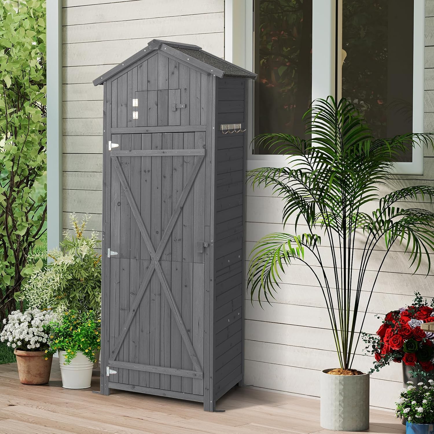 GOPLUS Abri de Jardin en Bois de Sapin avec Toit en Asphalte, 75 x 50 x 180,5 CM, Cabane de Jardin Exterieur avec Porte Verrouillable, Table Pliable, Crochet, 3 Étagères Amovibles, pour Terrasse, Gris