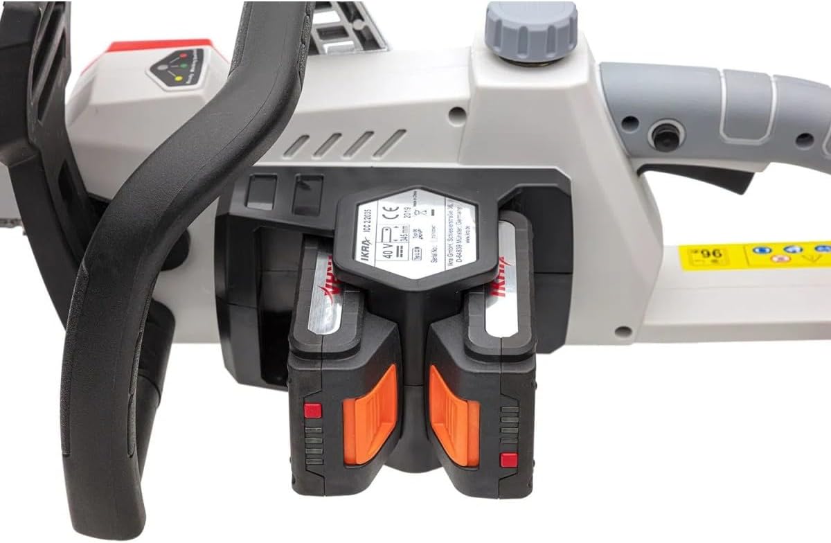 IKRA - Tronçonneuse sans Fil 40V (2x20V) Moteur Brushless 2000W Guide Oregon 35,5cm Tension sans Outil Frein Anti-Rebond - Inclus 2 Batteries 2Ah et Chargeur double Rapide