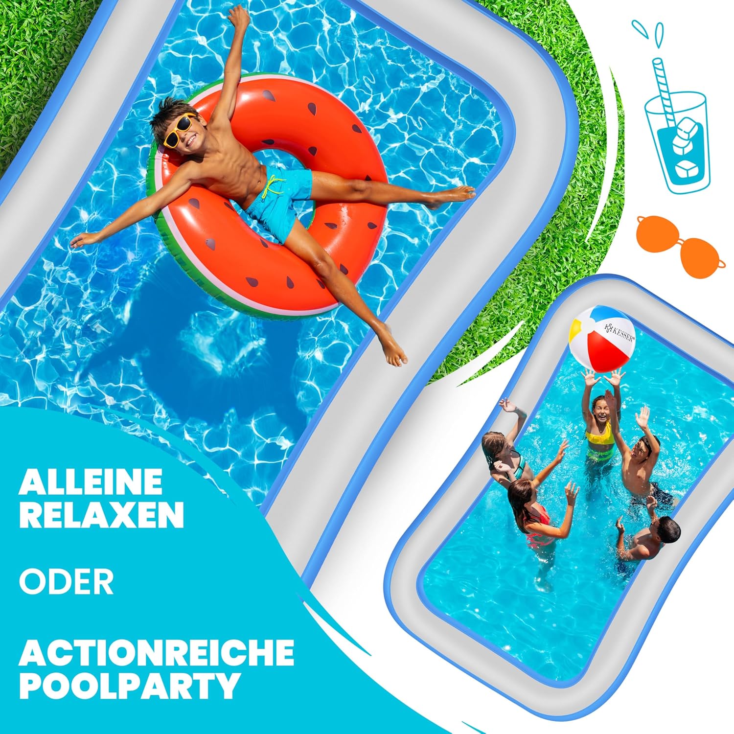 KESSER - Piscine familiale rectangulaire 240x142x56cm, 613L, trous drainage