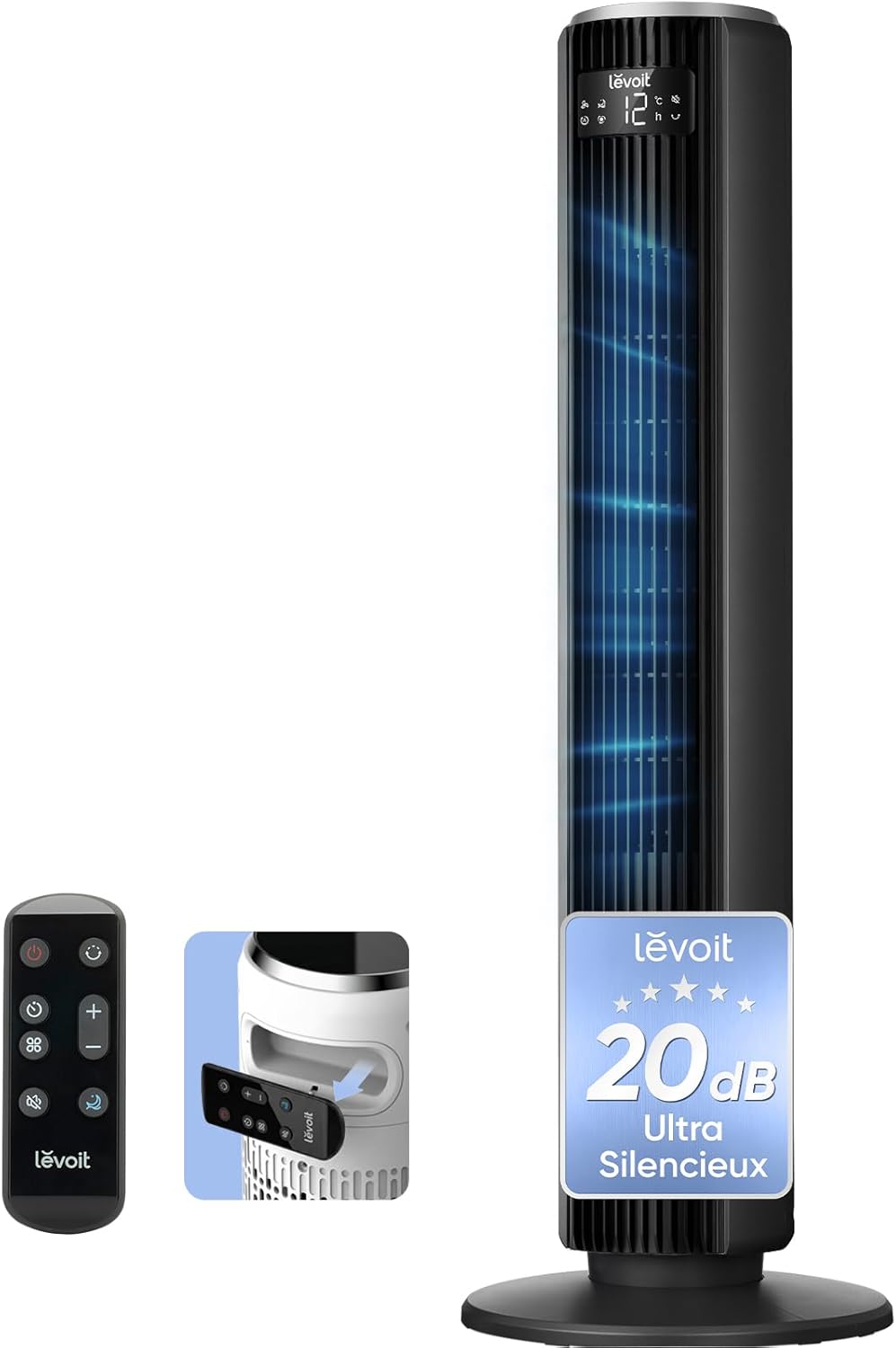 Levoit Ventilateur Colonne Silencieux 20 dB, Moteur DC, Refroidissement Puissant 7.9 m/s, 4 Modes 12 Vitesses, Mode Sommeil Avancé, Oscillation 90°, Télécommande, Minuterie 12 h, Noir, 92 cm