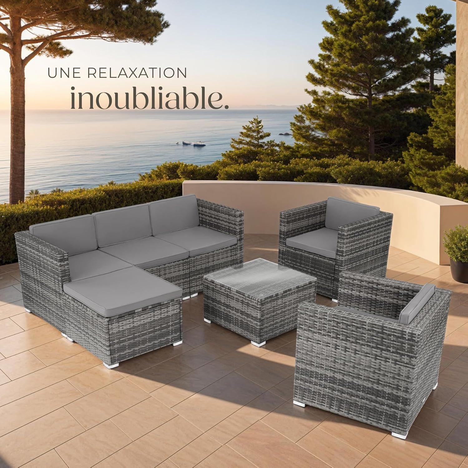 tectake - Salon de jardin modulable 7 places, poly rotin, coussins inclus