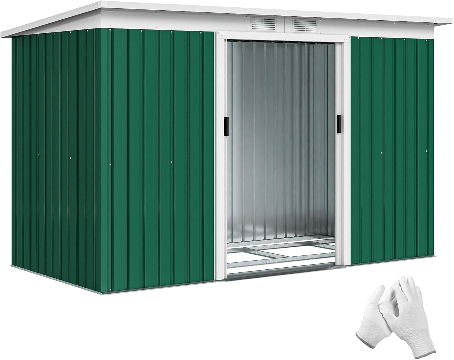 Outsunny Abri de Jardin en Acier galvanisé XXL 3,6 m² avec kit de Fondation 280 x 130 x 172 cm, cabane de Jardin cabanon Rangement Outils avec Portes coulissantes verrouillables aérations, Vert foncé