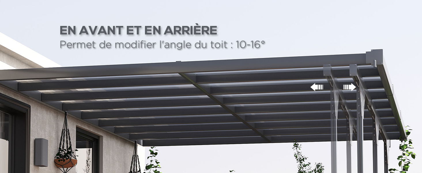 Pergola extérieure ou couverture de terrasse avec toit à persiennes ajustables. La structure en métal gris permet un réglage de l'angle de 0 à 160 degrés pour contrôler le soleil.