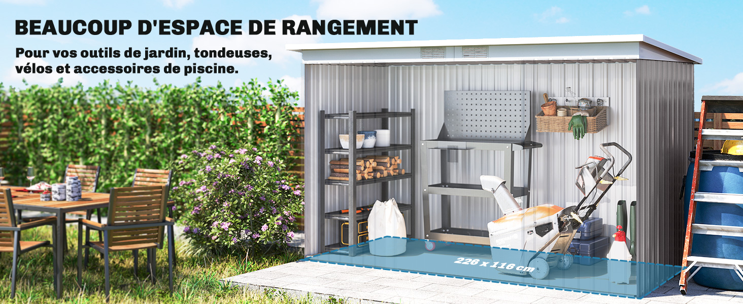 Le texte indique « BEAUCOUP D'ESPACE DE RANGEMENT ». Collection d'images de solutions de rangement intérieures et extérieures montrant des espaces organisés et des unités de rangement.