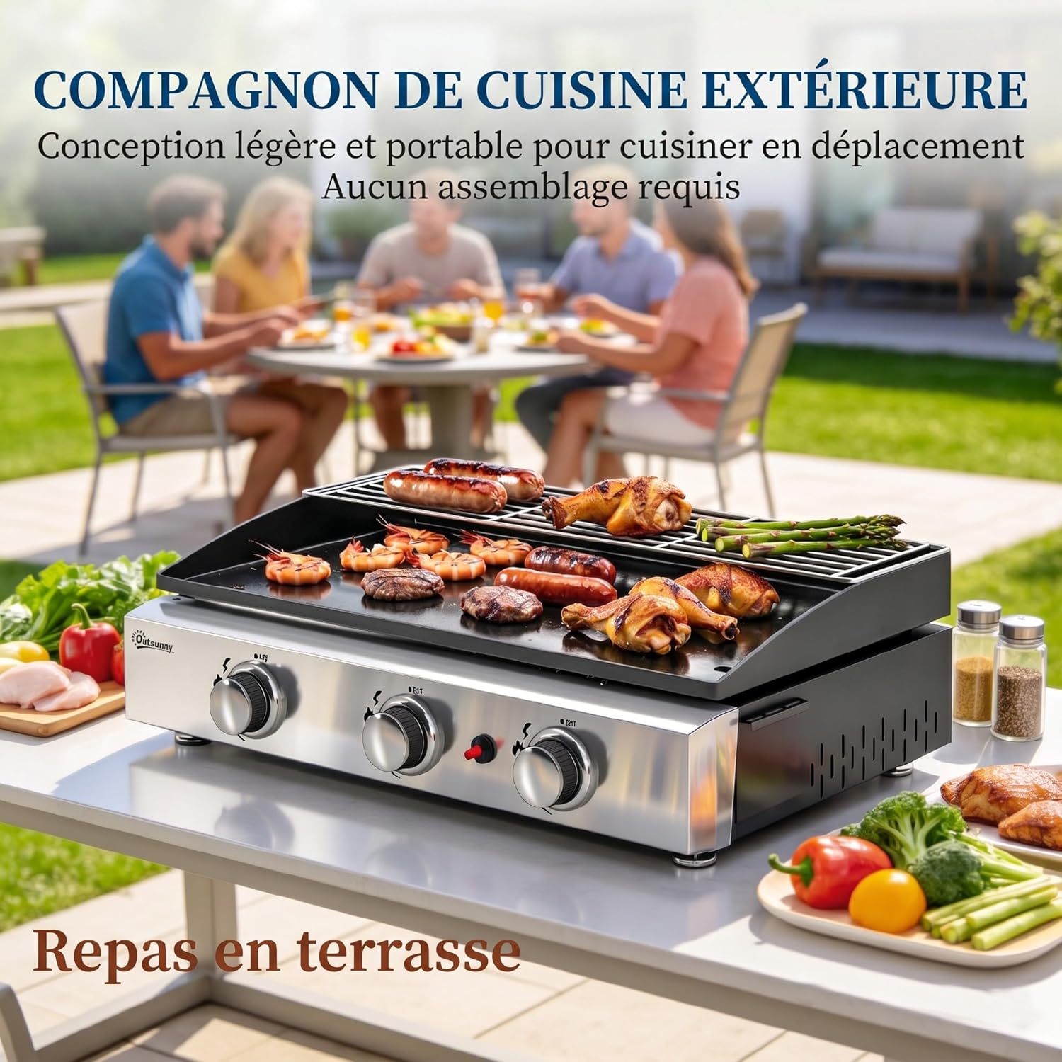 Outsunny - Plancha gaz série 3 brûleurs - 60x40 cm - plaque émaillée, grille maintien chaleur, acier inoxydable