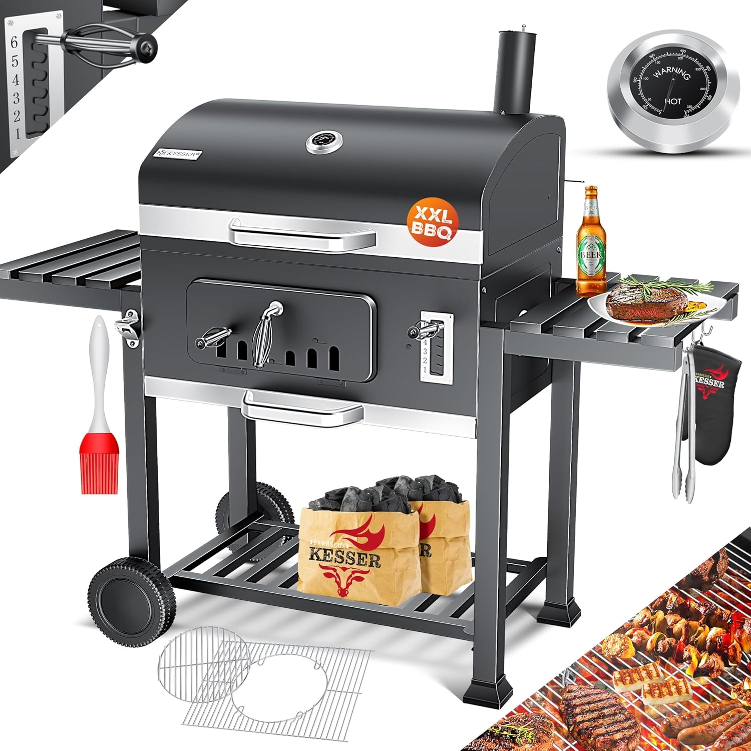 KESSER - Chariot Grill XXL - barbecue charbon avec couvercle, roues, grille, thermomètre
