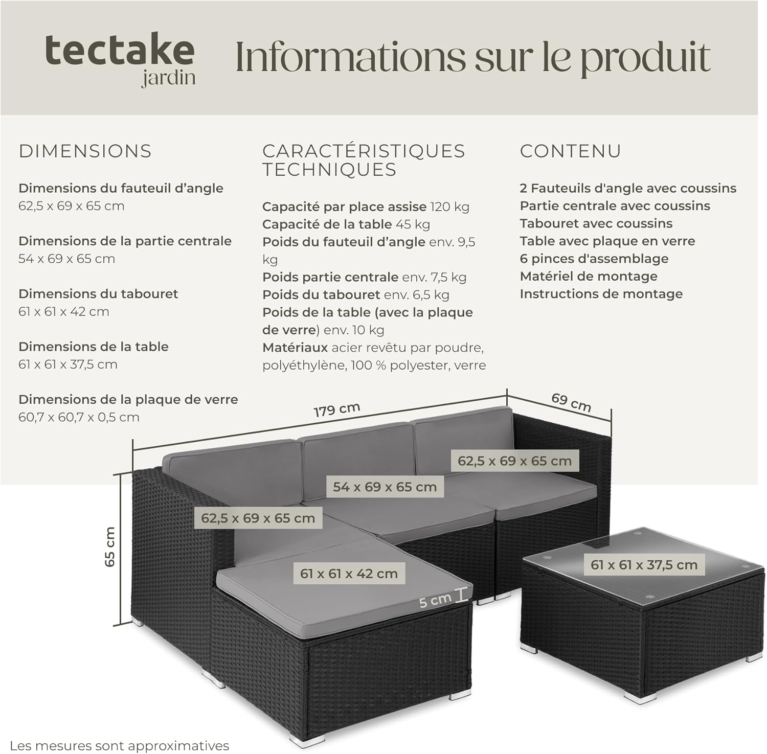 tectake - Salon de jardin modulable 4 places, poly rotin, 3 fauteuils, 1 table, terrasse
