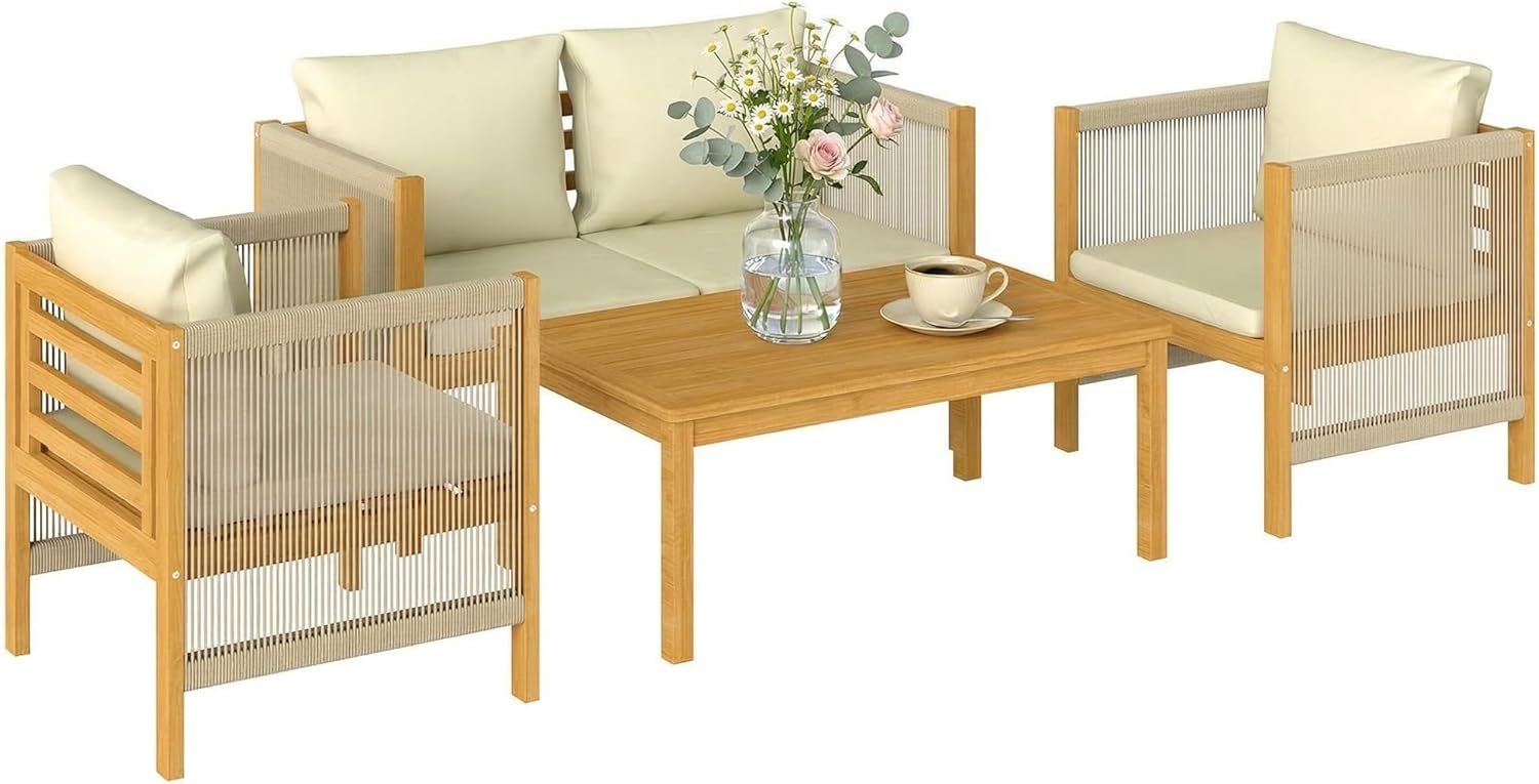 Outsunny - Salon de Jardin en Bois d'Acacia 4 pièces - Canapé, fauteuils, table - Coussins déhoussables, corde tressée, 