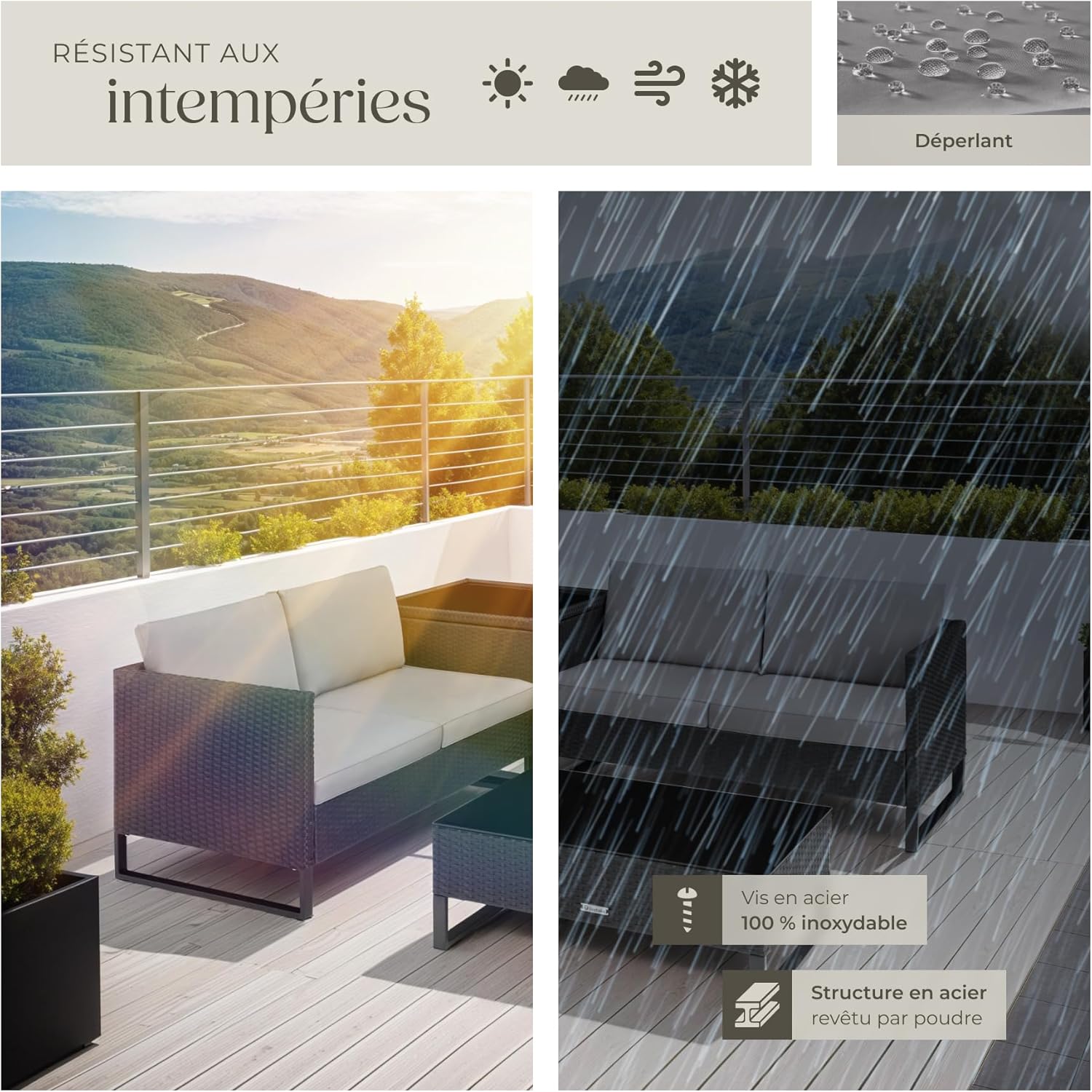 tectake - salon de jardin modulable 4 places - rotin, table verre, coffre