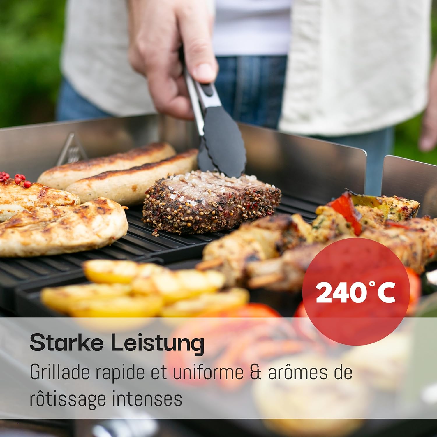LEBENLANG - plancha électrique inox - XXL - 2400W, pince barbecue, intérieur/extérieur, protection éclaboussures - LEBEN