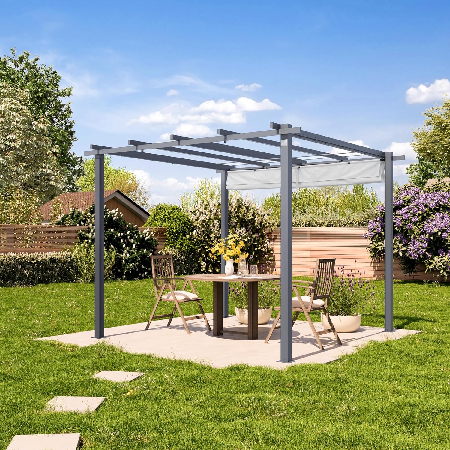 Primeyard - Pergola pavillon rétractable 3x3 m acier gris