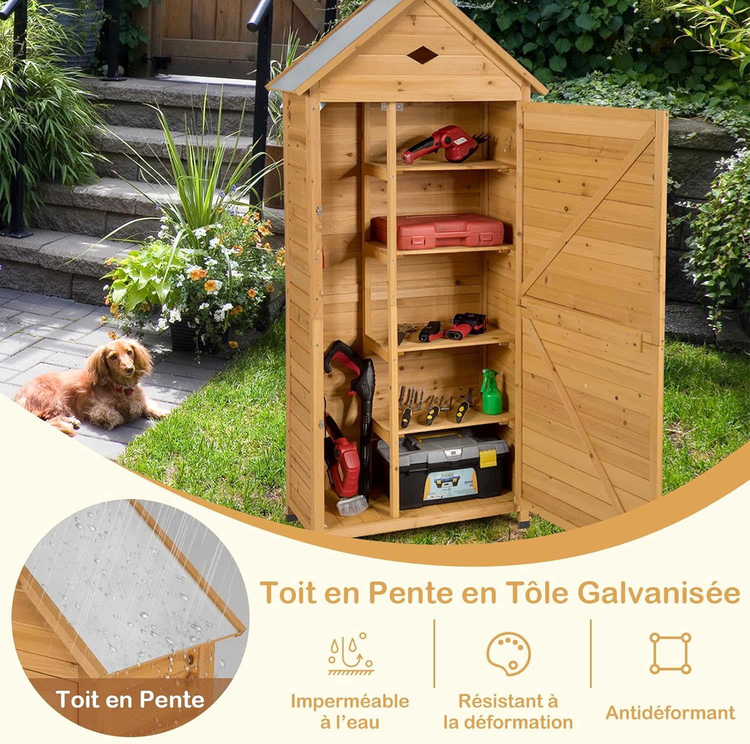GOPLUS - abri de jardin bois 70x35x176cm, 5 étagères, porte verrouillable