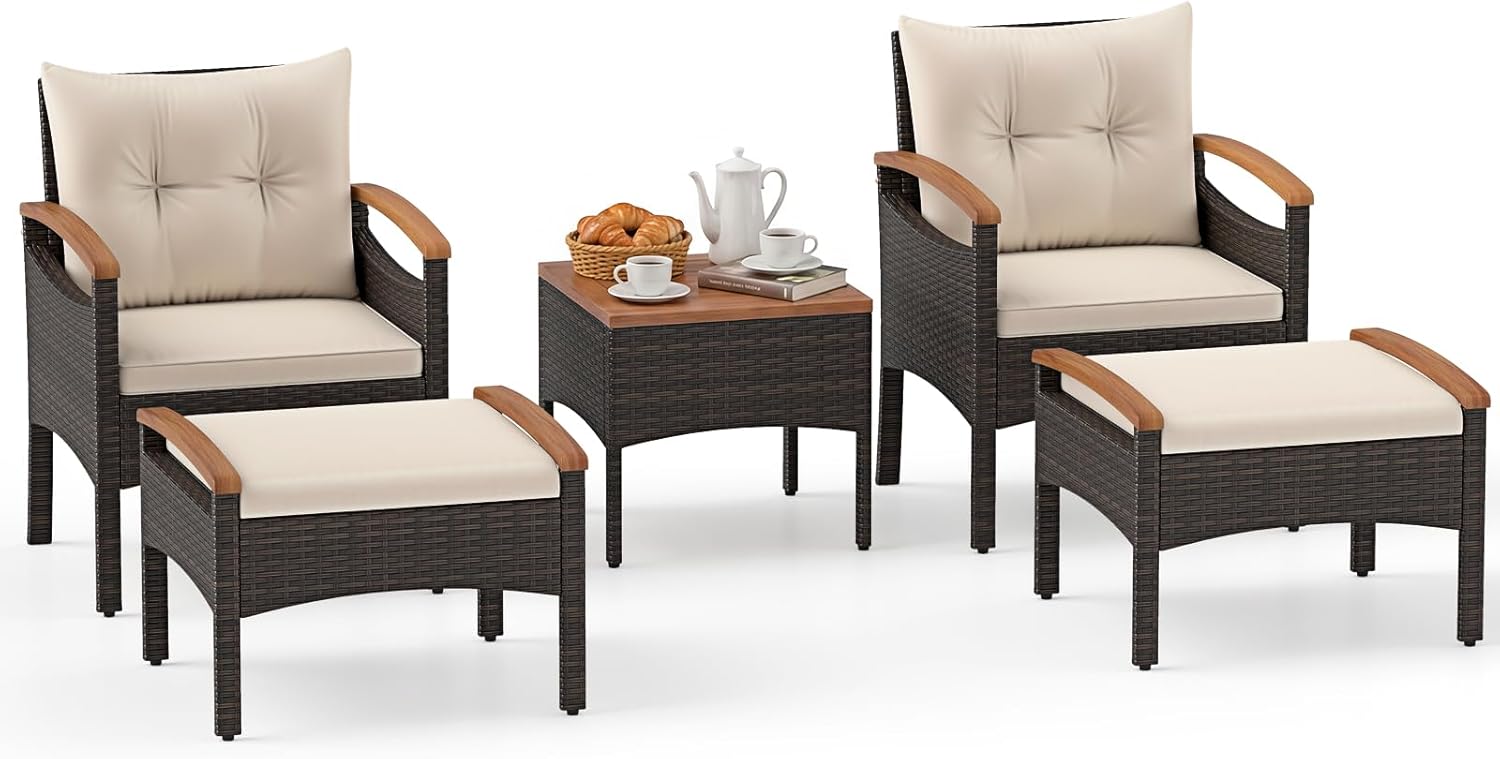 Costway - Salon de jardin 5 pcs - Acacia - Rotin beige, coussins épais