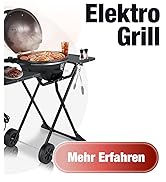 Le texte indique « Elektro Grill » et « Mehr Erfahren ». Gril électrique portatif avec support pliable illustré avec des aliments cuits sur la surface de cuisson.