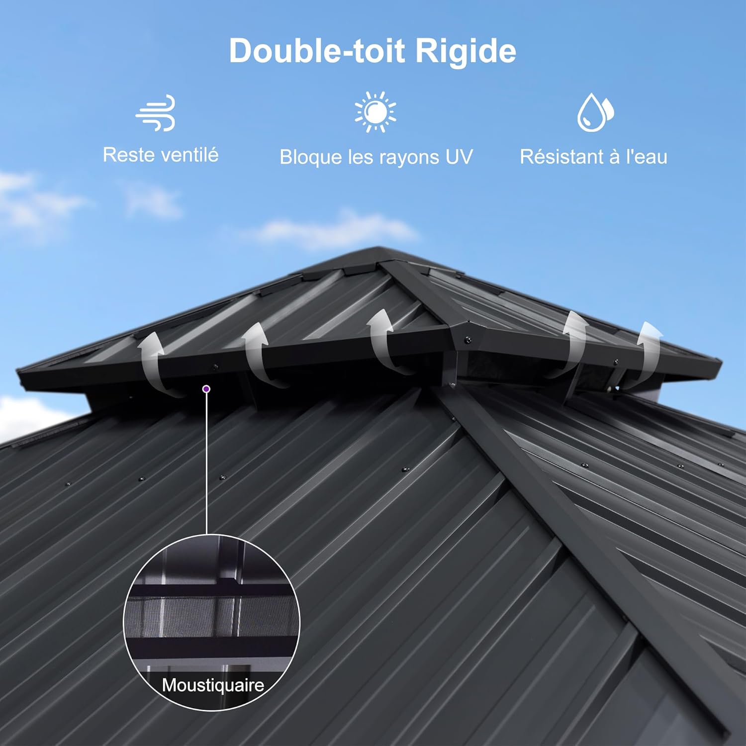 PURPLE LEAF - Pavillon jardin double toit alu 3,65x3,65m, rideaux, moustiquaire