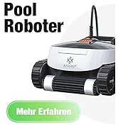 Le texte indique « Pool Roboter ». Appareil robot de nettoyage de piscine blanc illustré sous plusieurs angles, affichant sa fonctionnalité de nettoyage automatique.