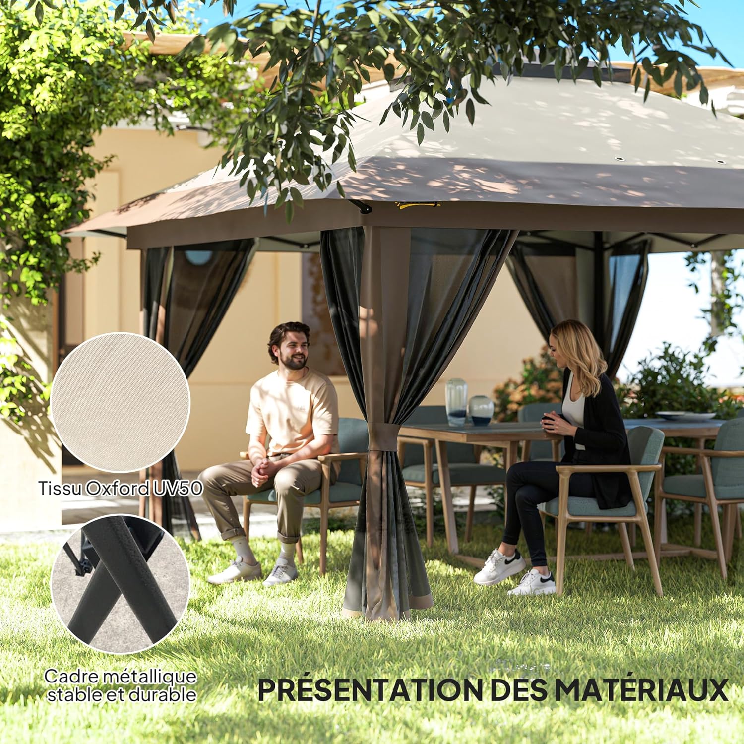 Outsunny - Tonnelle pop-up 4x4 m, double toit, moustiquaires, UV50+