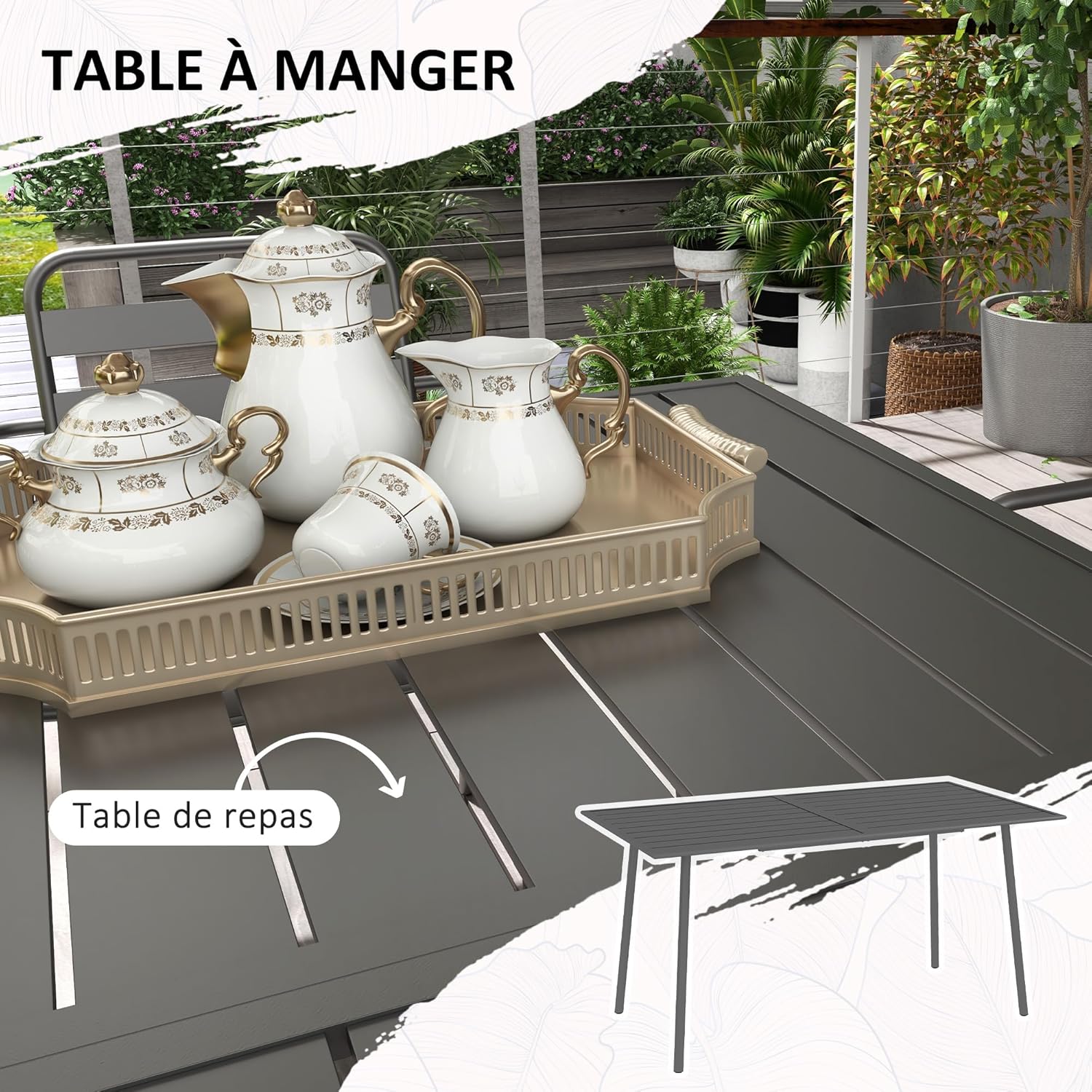 Outsunny - Salon de jardin 7 pièces - table + 6 chaises - acier gris foncé