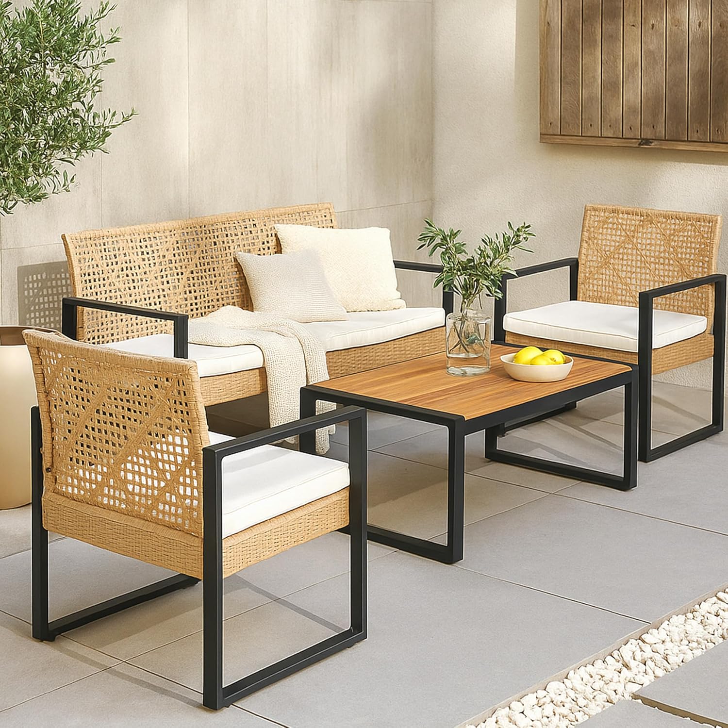 casa.pro - Salon de jardin 4 pièces, acier/acacia, 2 chaises + banc, beige/naturel