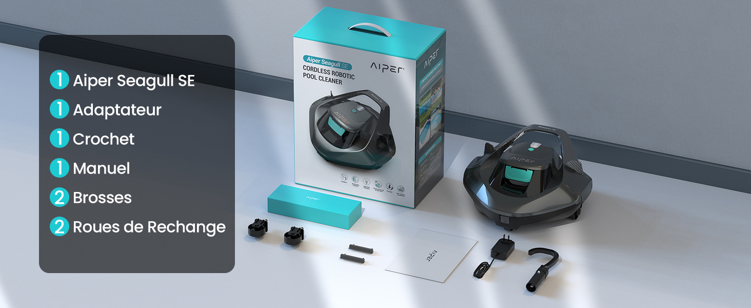 Le texte se lit comme suit : « Aiper Scoobi SE, Adaptateur, Crochet, Manuel, Brosses, Roues de Recharge ». Appareil d'aspirateur robot avec composants turquoises et noirs présenté avec les accessoires inclus et la boîte d'emballage.