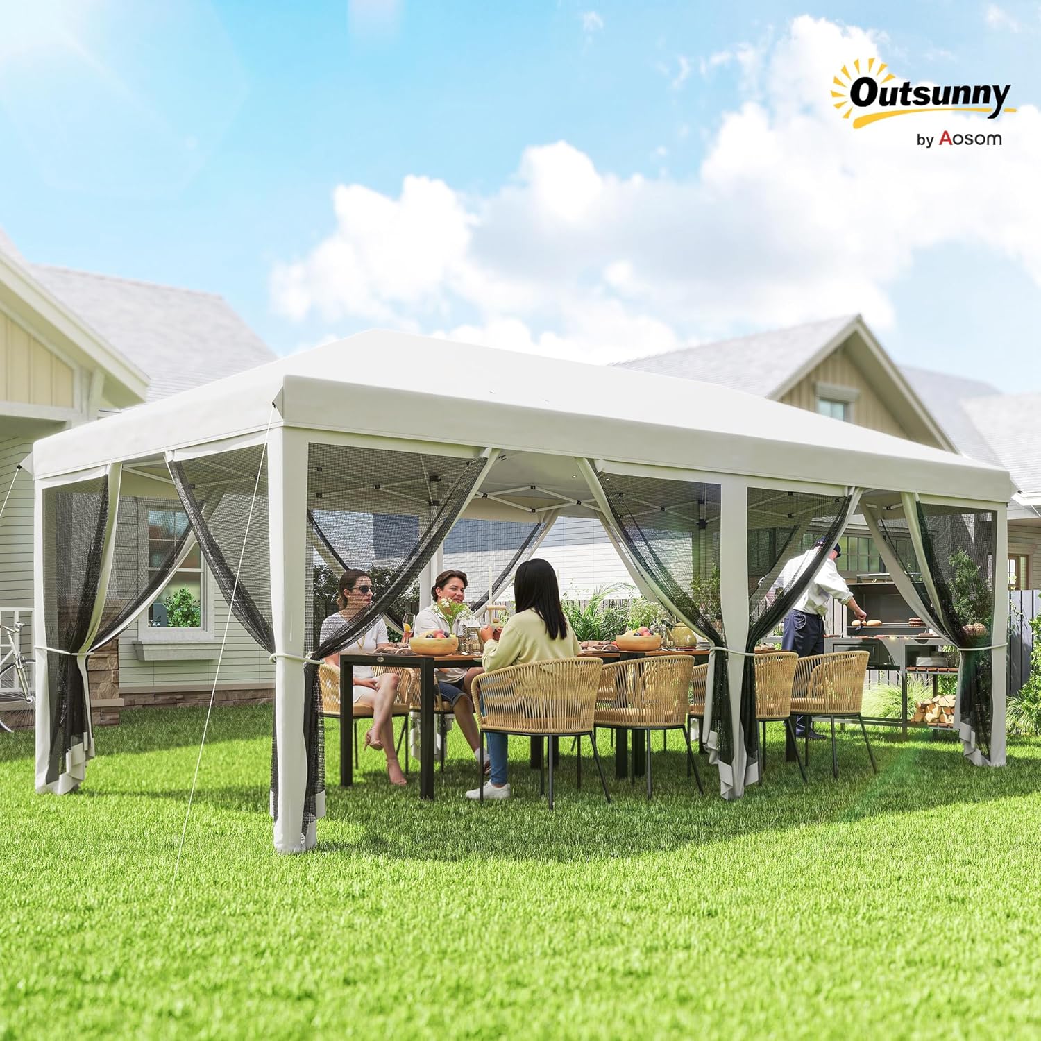 Outsunny Tonnelle Pliante tonnelle de Jardin extérieure Barnum Pliant Pop-up pavillon de terrasse 6 x 3 m Anti-UV moustiquaires Amovibles + Sac de Transport Blanc