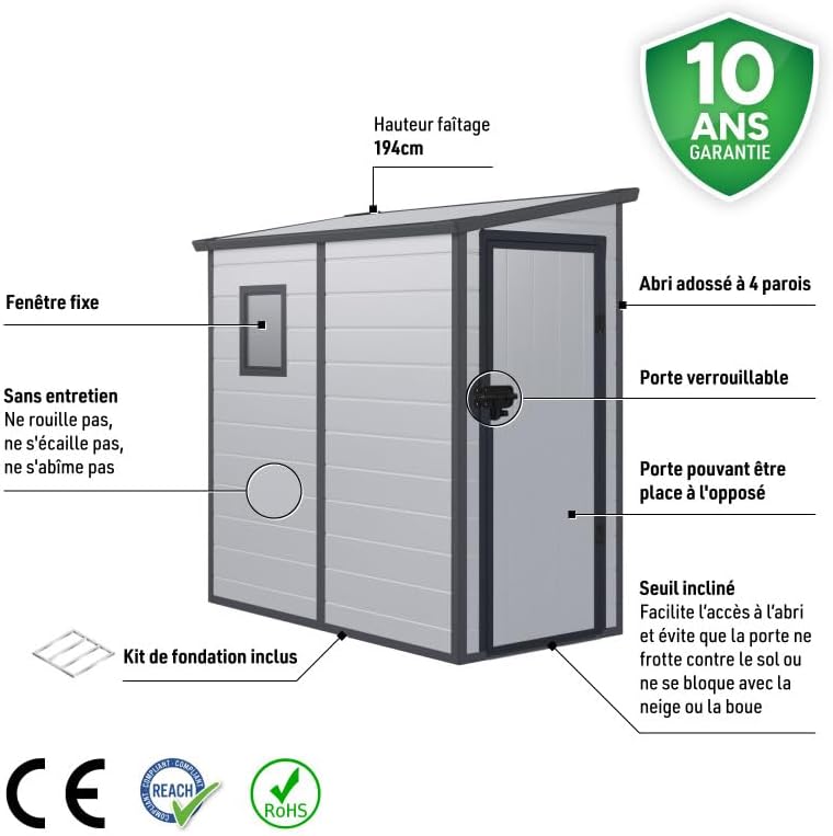 Jôbu - Abri de jardin adossé résine - 2,09m² - fenêtre, aération, kit fondation, acier galvanisé