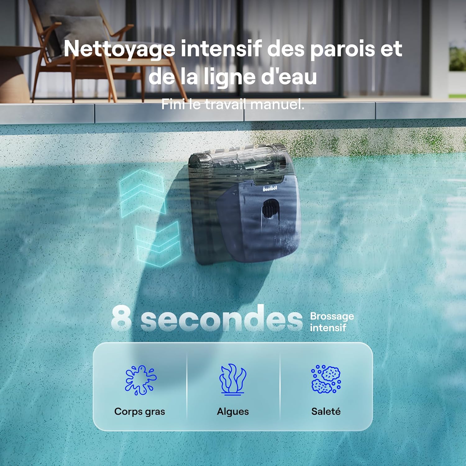Beatbot Sora 10 Robot piscine sans fil — Fond/parois/ligne d'eau/plages immergées, puissance d'asp. 25 700 LPH, stationnement intelligent à la ligne d'eau, capacité du filtre 5L, 300 min, Bleu Profond