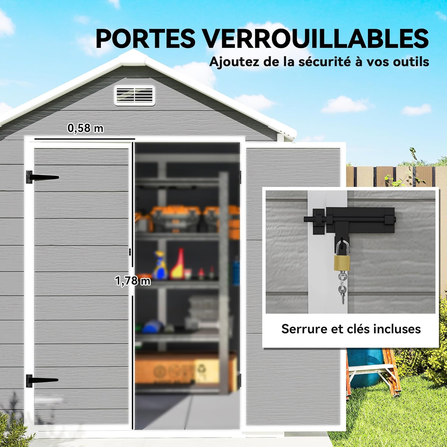 Outsunny Abri de Jardin en résine 2,7 m² avec Plancher Structure en Aluminium 182 x 151 x 219 cm, cabane de Jardin cabanon Rangement Outils Portes avec Serrure et clés 3 fenêtre, Gris Global Recycled Standard