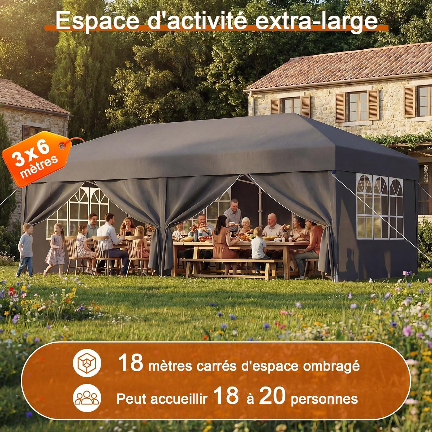 Devoko - Tonnelle pliante série Pop Up - 3x6 m - Imperméable, 6 parois, UV 50+