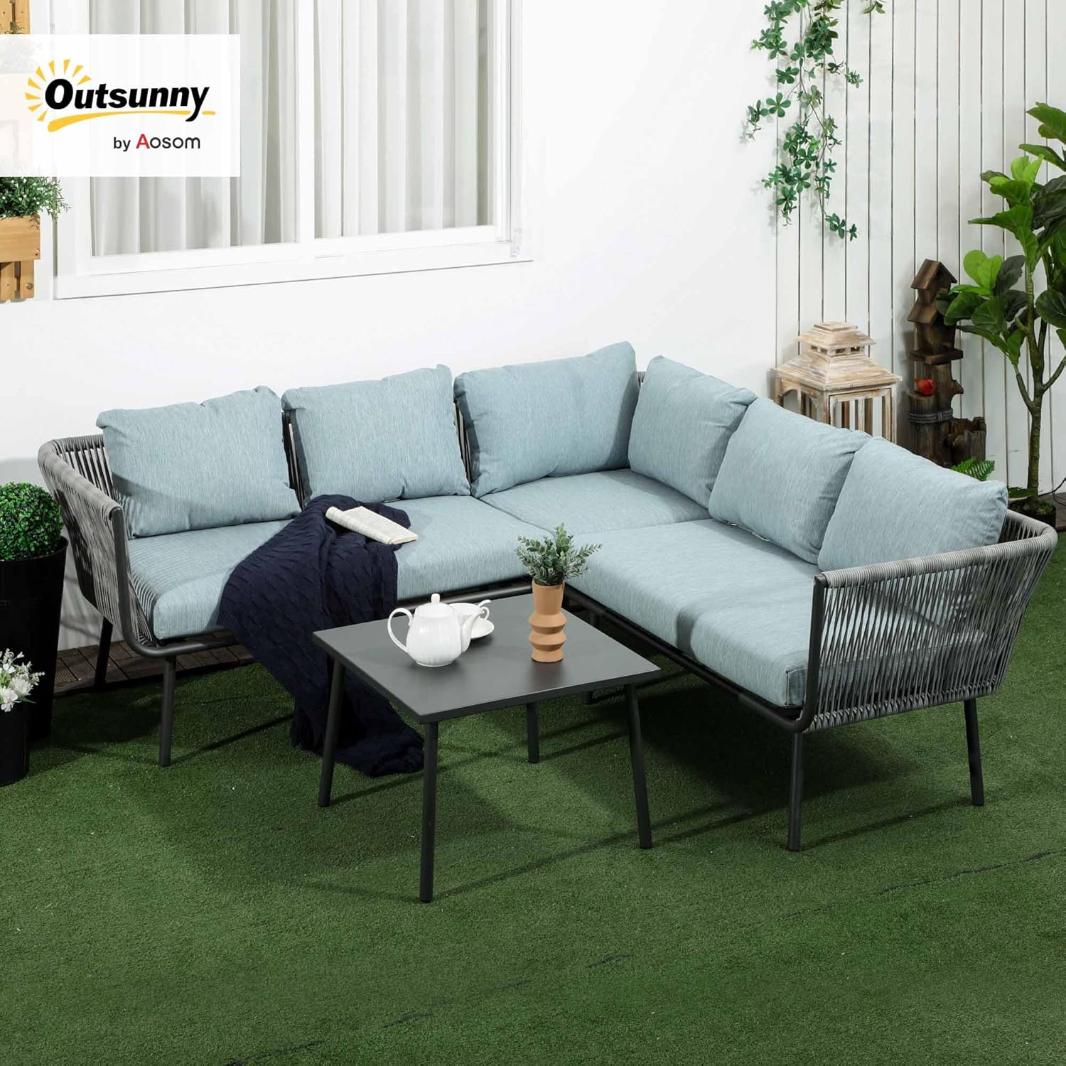 Outsunny - Salon de jardin d'angle résine tressée 4 places - alu, coussins inclus, gris