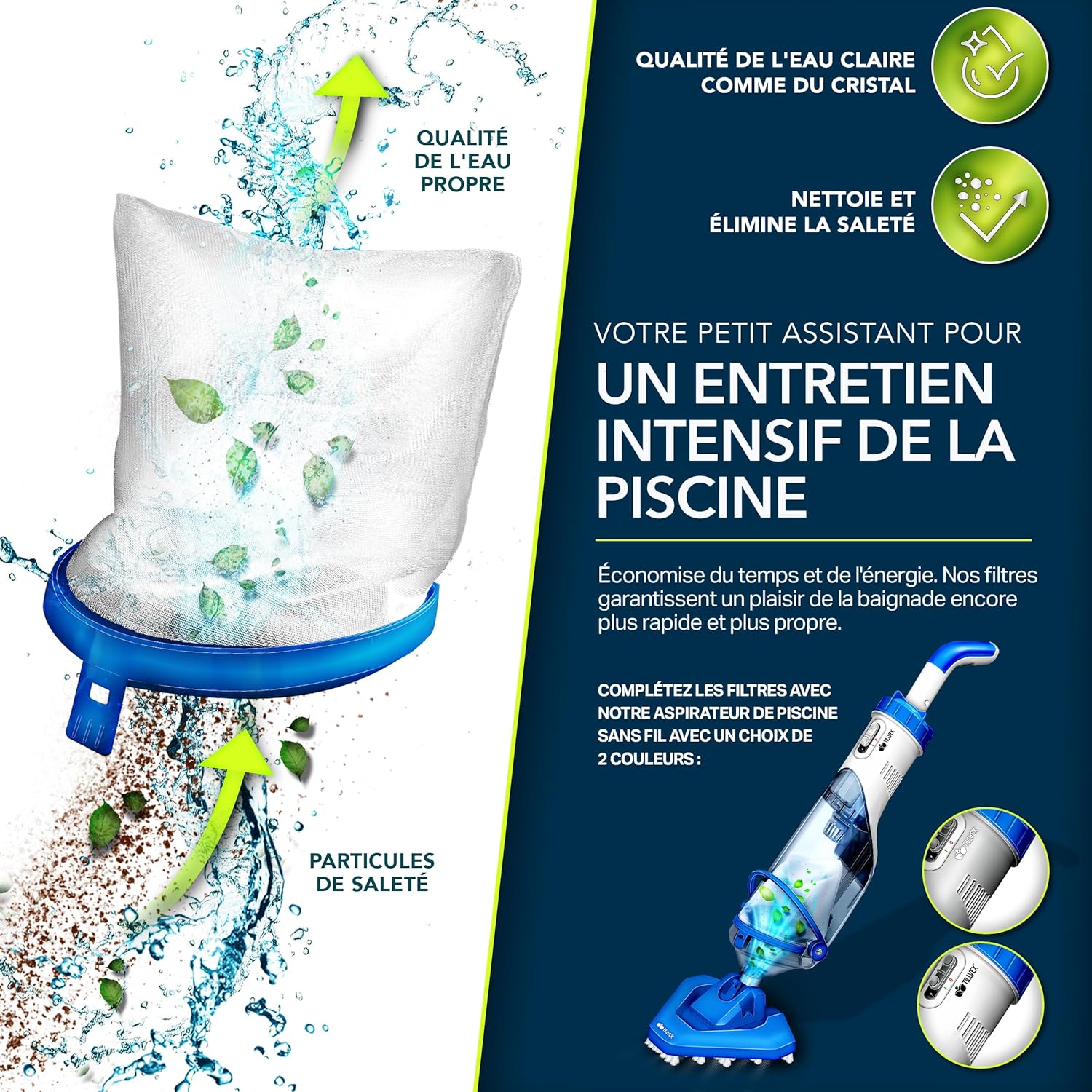tillvex - Aspirateur piscine électrique - manche télescopique, filtre - autonomie 60 min