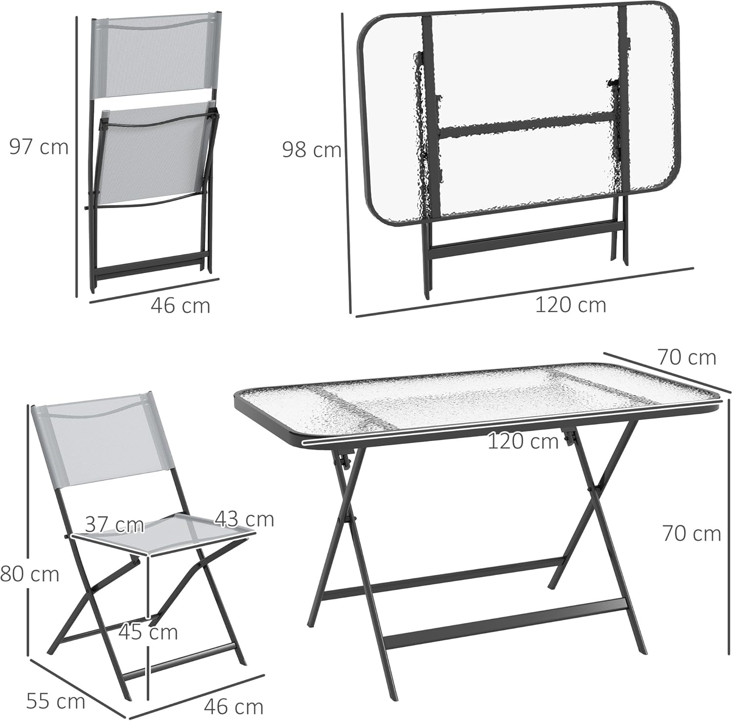 Outsunny - Ensemble de jardin 5 pcs - chaises pliables, table verre, gris