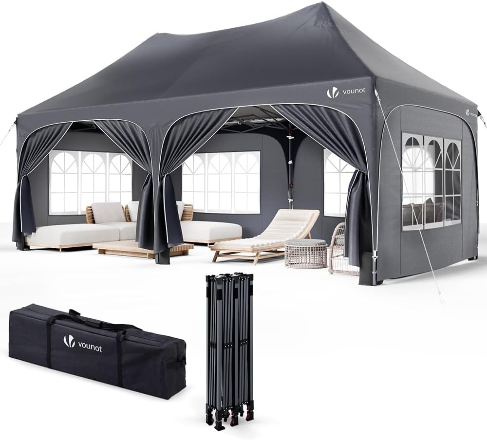 VOUNOT - Barnum pliant 3x6m - 6 parois amovibles, sacs de sable, imperméable, anti-UV, gris