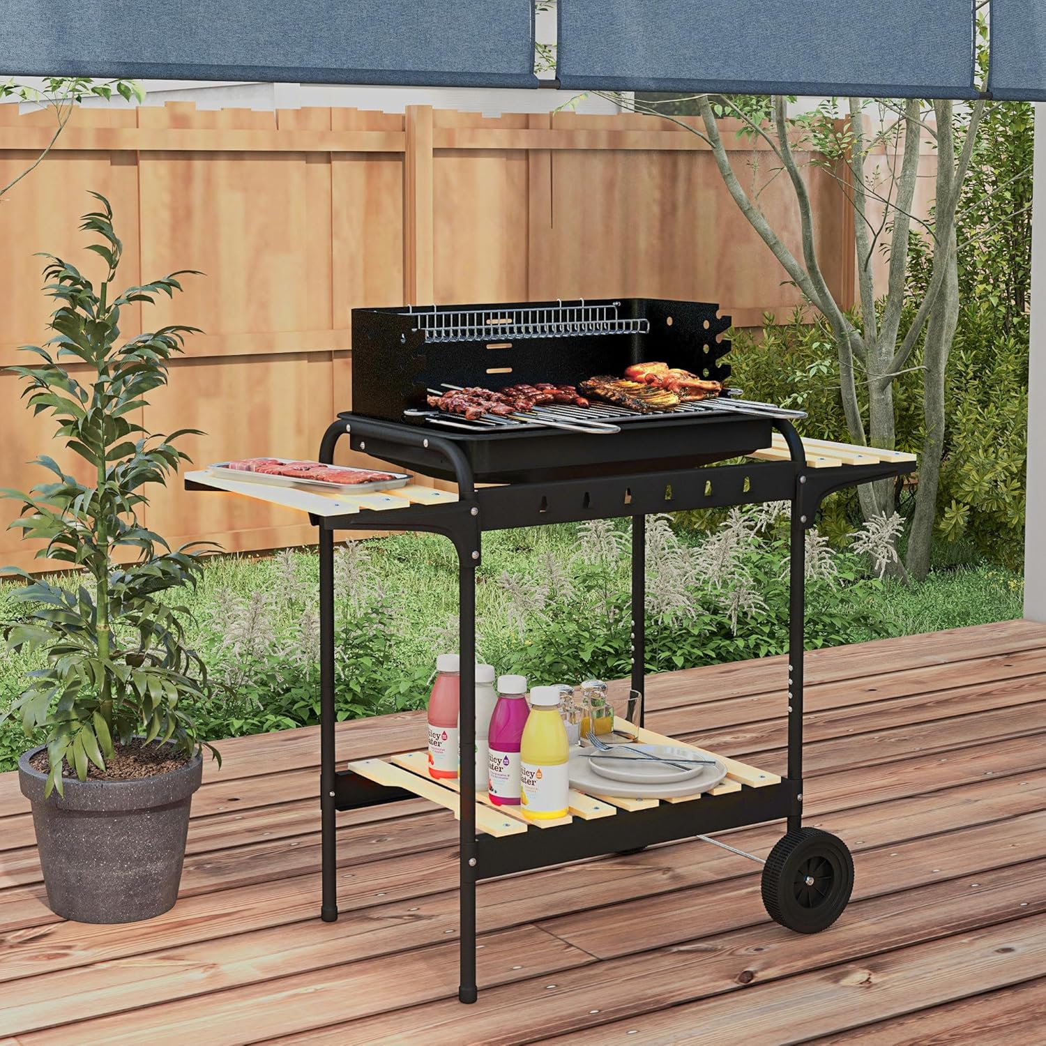 Outsunny - BBQ sur pied réglable - 103x47x95cm - 3 étagères, récupérateur de cendres, 2 roues