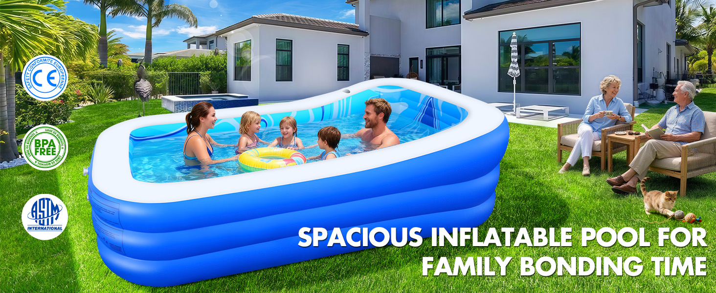 Le texte indique « PISCINE GONFLABLE SPACIEUSE POUR PASSER DU TEMPS EN FAMILLE ». Grande piscine gonflable rectangulaire bleue et jaune dans une cour arrière résidentielle avec plusieurs anneaux flottants à l'intérieur.
