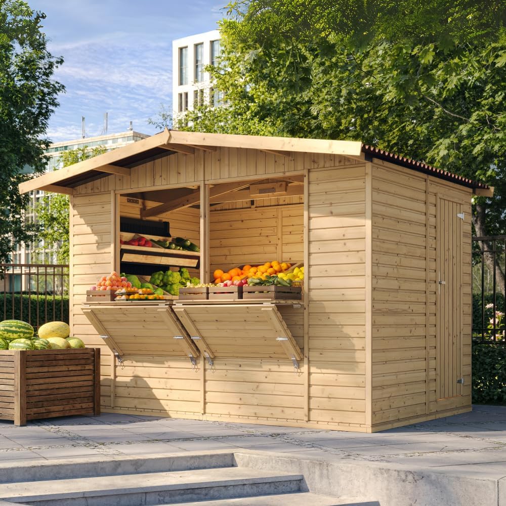 TIMBELA M150 Maison de Jardin en Bois – Étal de Marché avec Comptoir, L336xP263xH232 cm / 6 m², Facile à Monter et à Démonter, Bar Jardin, Abri Multifonctionnel