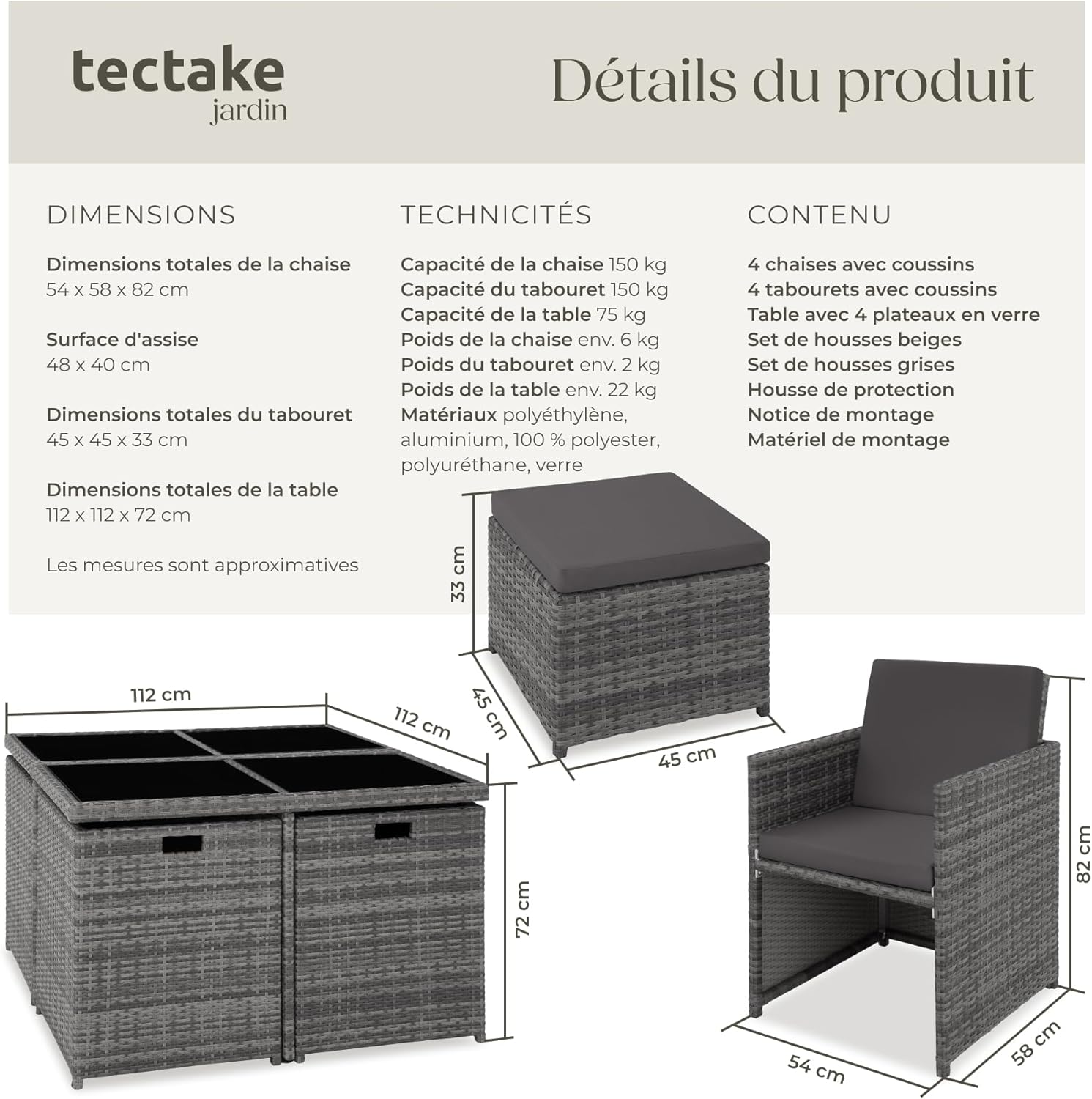 tectake - Salon de jardin 8 places aluminium rotin gris, confortable