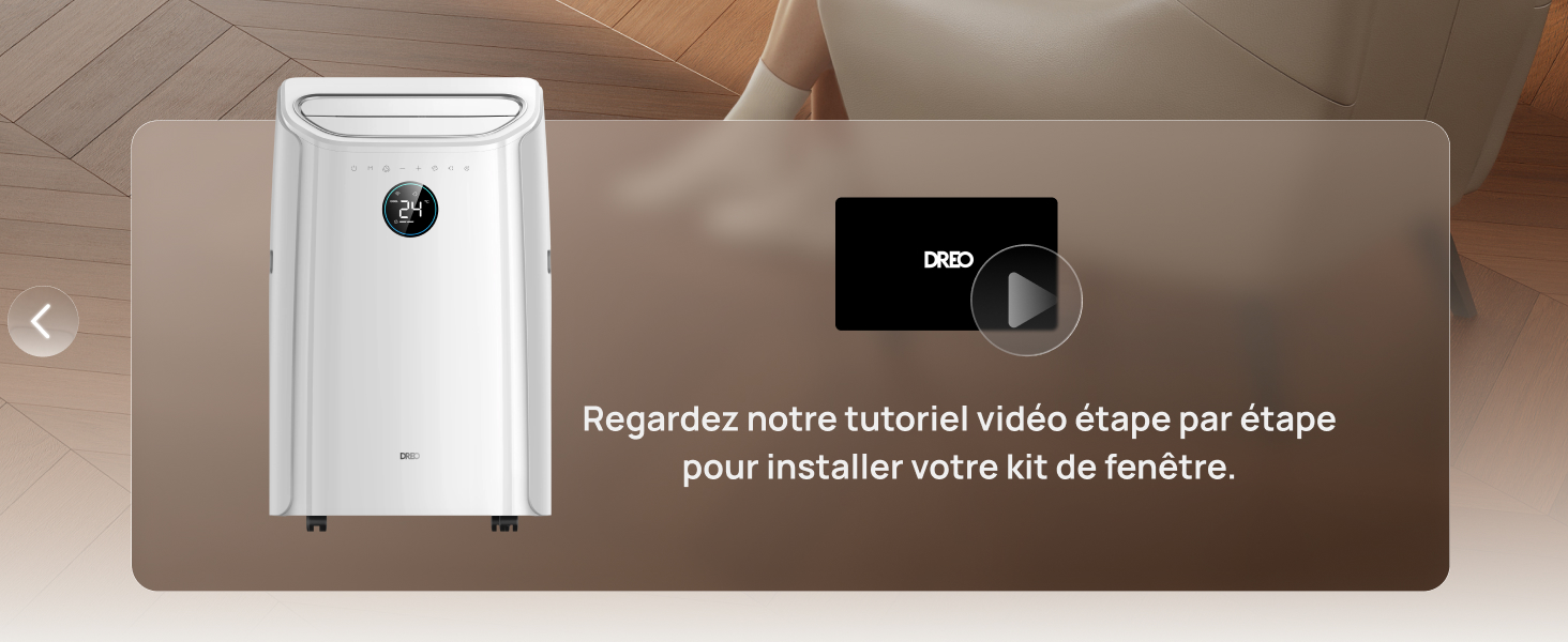 Le texte se lit comme suit : « Régolare le tue Klangform video shape per étape pour installer votre kit de hendrick ». Appareil rectangulaire blanc et unité de commande noire affichés sur fond neutre.