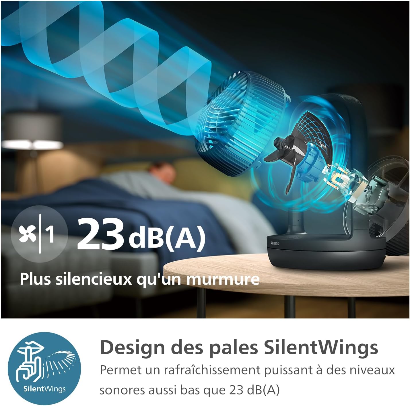 Philips Ventilateur de Table Oscillant Série 3000. Puissant & Silencieux Technologie SilentWings. 23dB. Circulation de l'air. Réglable à 180°. Pour Chambre, Maison et Bureau. Noir (CX3050/01)