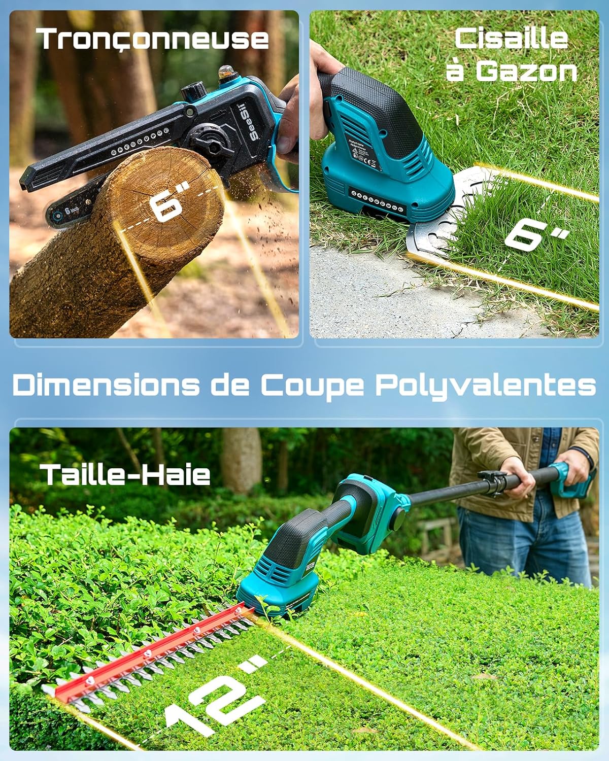 SEESII 6-en-1 Mini Tronçonneuse & Taille-haie, avec 2 * 4000mAh Batteries, Tronconneuse Electrique à Perche Télescopique, Portée Maximale Jusqu'à 4,57m, à 30 ML Bouteille d'huile