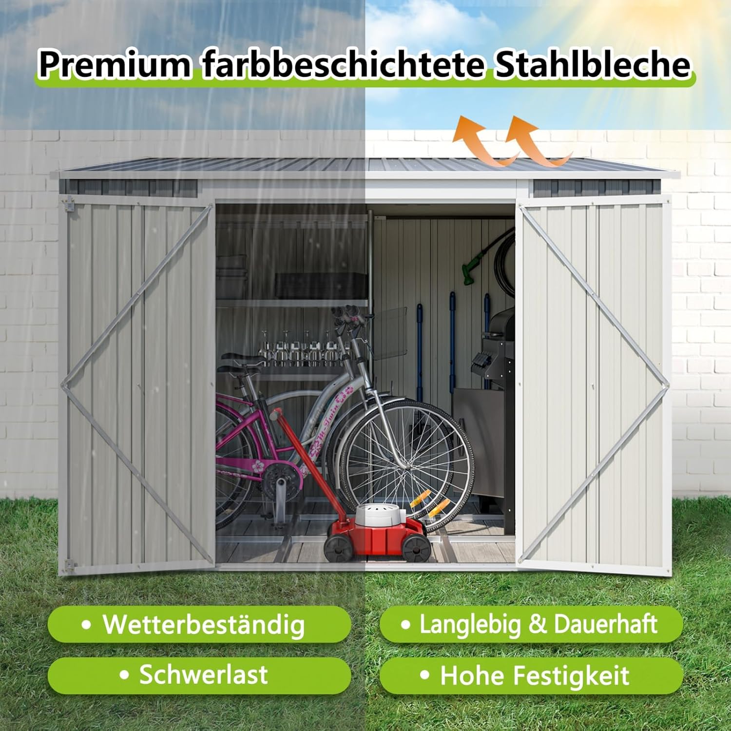 YEHTOKHOME 6x8 FT Abri de Jardin en Métal 262x180 cm, Abri de Jardin avec Toit Incliné, Portes Verrouillables et Fondation Métallique, Rangement Extérieur Étanche, Marron (6x8 FT)