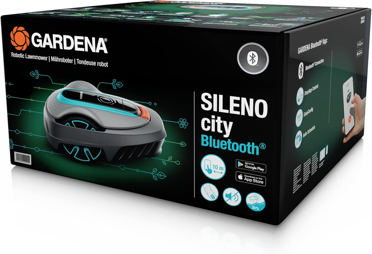 Gardena - Sileno City 250 - 250m² - Tond pluie, passages étroits, Bluetooth, silencieuse, capteur gel, automatique - 150