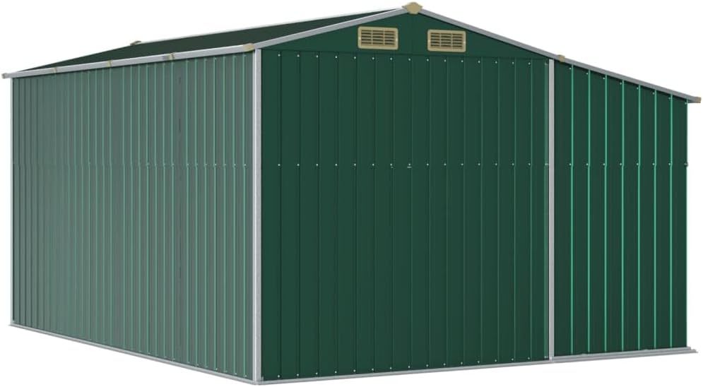 Abri de jardin acier galvanisé 277x365,5x179cm, vert, support bois, 4 aérations