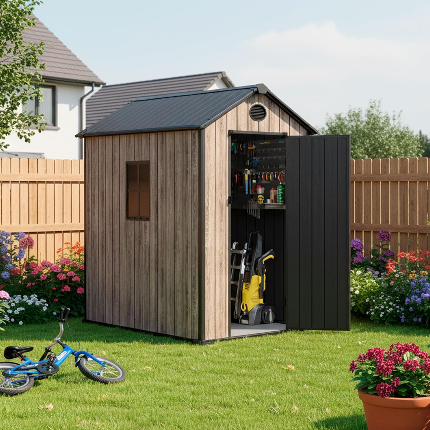 Hoggar Abri de jardin en résine 2,70 m² Oak O30 - Sol inclus - Fenêtre latérale - Effet bois premium - Protection UV et imperméable - Fermeture par goupille - Ventilations - Porte battante