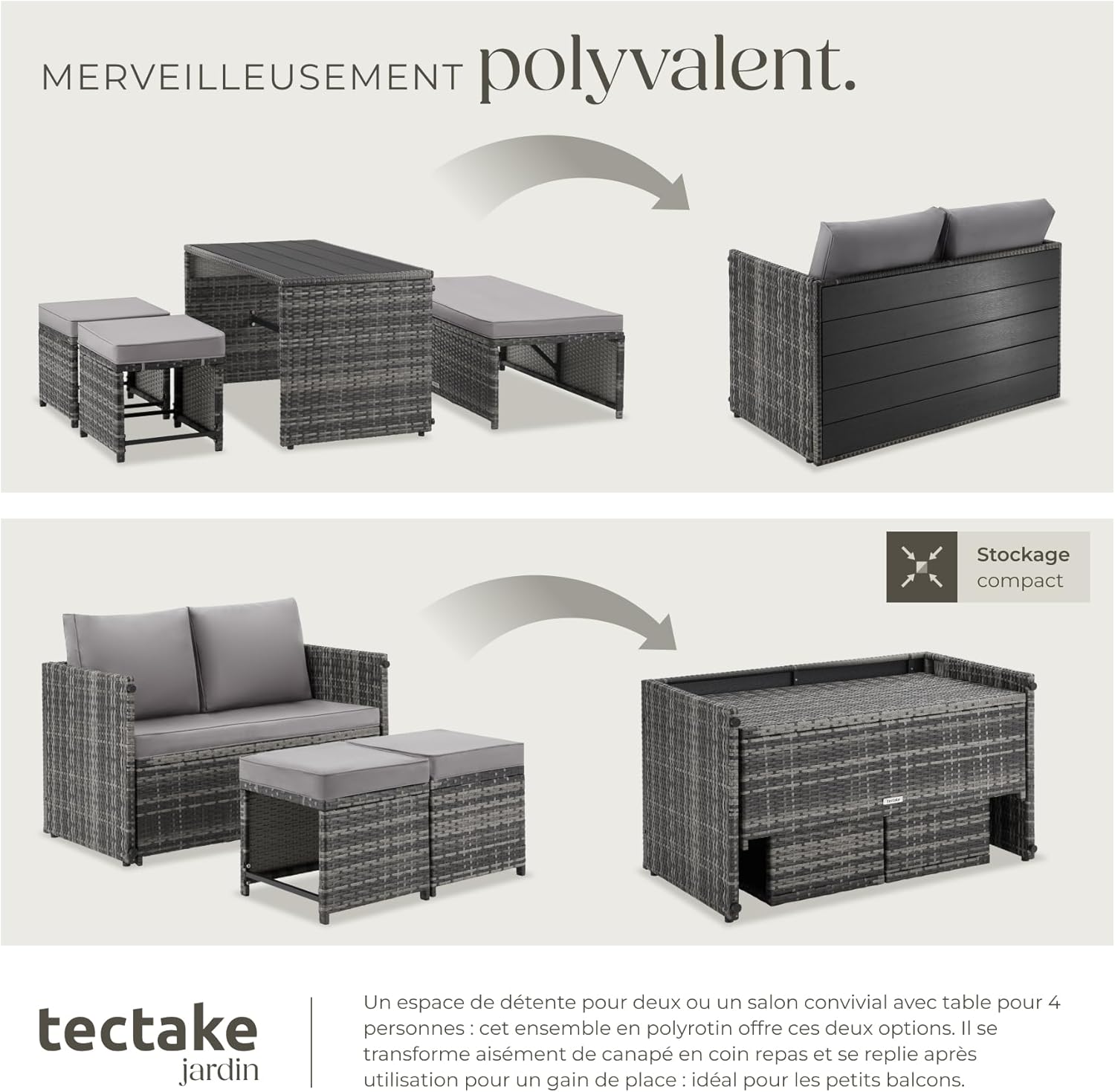 tectake - Salon de jardin 2en1 modulable 4 places - encastrable