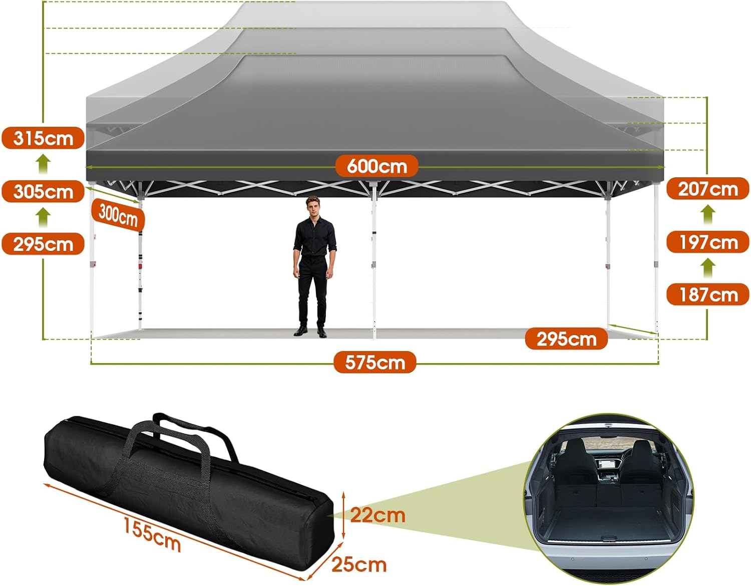 JUMMICO - Tonnelle pliante série 3x6m, hauteur intérieure +10cm, toile imperméable, gris