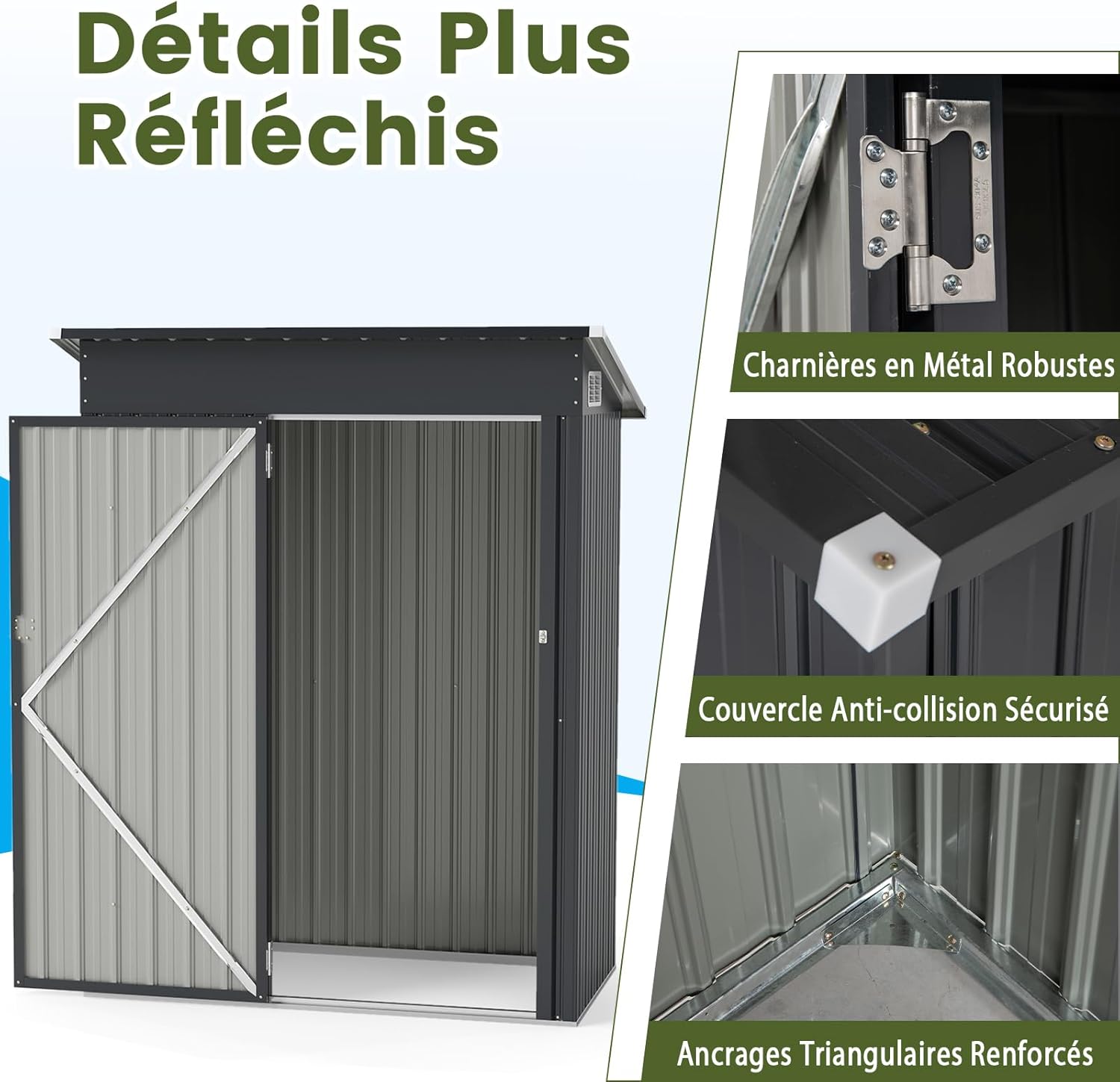 RELAX4LIFE - abri de jardin acier galva 150x88x185cm, toit incliné, porte, gants