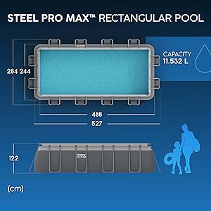 Le texte indique « PISCINE RECTANGULAIRE STEEL PRO MAX ». Schéma technique montrant les dimensions de la piscine avec des dimensions 488 x 244 x 122 cm et une capacité de 11 532 L.