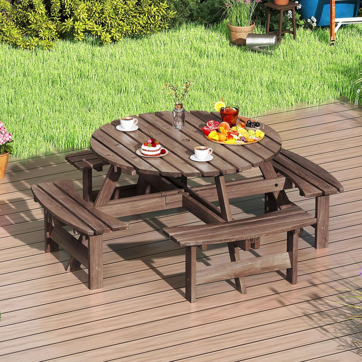 GOPLUS - Table pique-nique ronde 8 places - 4 bancs intégrés, parasol 5cm, marron, 100+250kg