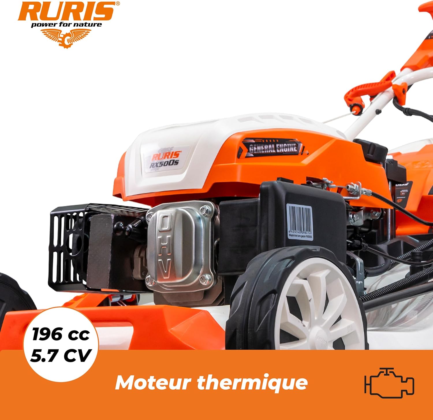 RURIS POWER FOR NATURE Tondeuse à Gazon Thermique 5 en 1 Mulching 5,7 CV 196cc RX500S, Orange